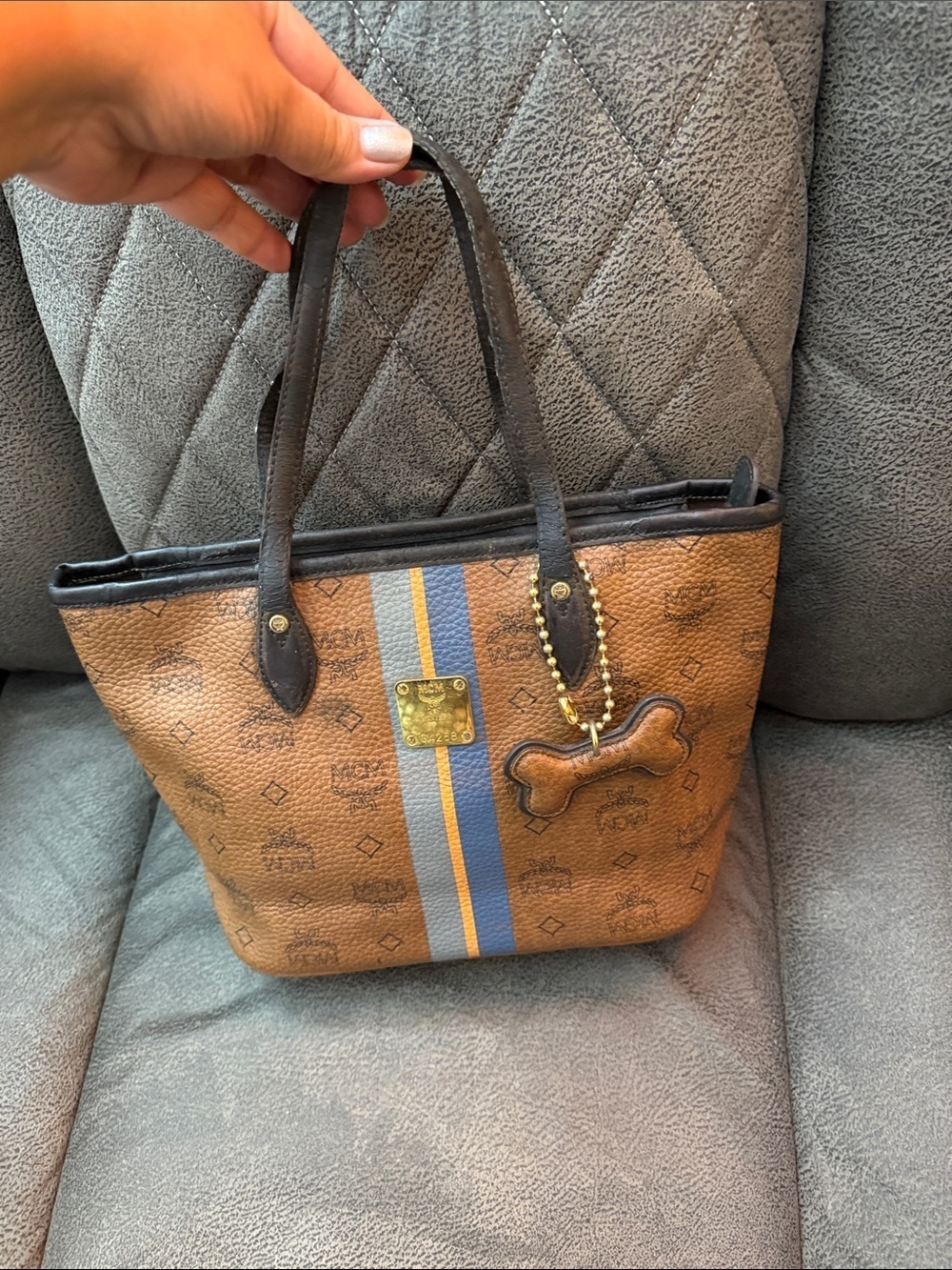MCM -Style Brown Tote Bag with Blue Stripe